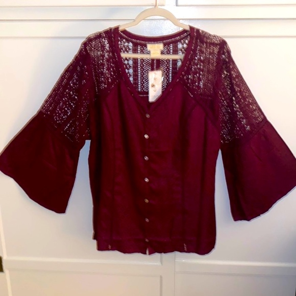 NWT “City Chic Exclusive” Burgundy Wine button down w/Lace Crotched-like details